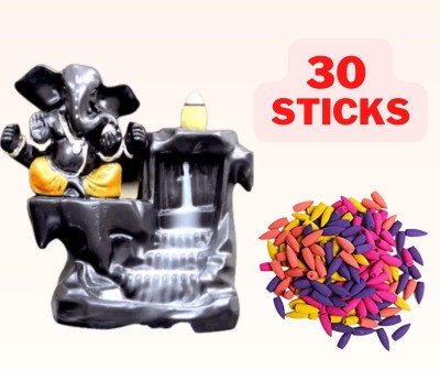 Jiyansh Creation Combo Pack of Ganesha Backflow Incense Holder Burner with 30 Units Decorative Showpiece  -  10 cm(Polyresin, Yellow)