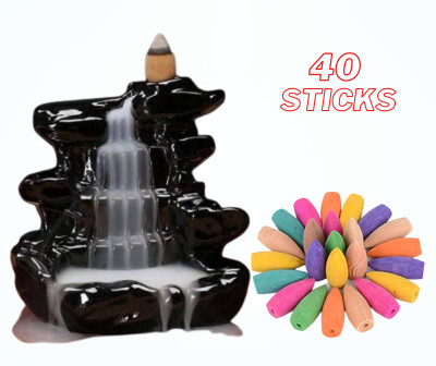 Jiyansh Creation Combo Pack of Smoke Fountain Backflow Incense Holder with 40 Units Decorative Showpiece  -  10 cm(Polyresin, Black)