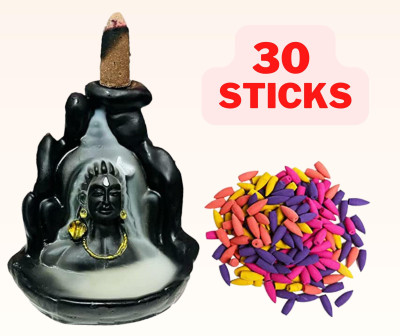 Jiyansh Creation Combo Pack of Lord Adiyogi Shiva Idol Backflow Incense Holder with 30 Units Decorative Showpiece  -  10 cm(Polyresin, Black)
