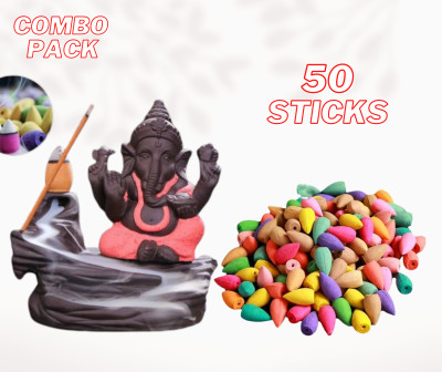 Jiyansh Creation Combo Pack of Lord Ganesha Backflow Smoke Fountain Incense Holde with 50 Units Decorative Showpiece  -  10 cm(Polyresin, Orange)