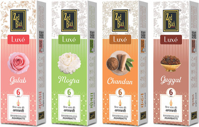 Zed Black Bamboo Less Luxe Series Incense Sticks (Approx 70Agarbatti Sticks Per Pack) Chandan, Gulab, Loban, Mogra(70 Units, Set of 4)