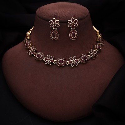 LYRISS Brass Gold-plated Maroon Jewellery Set(Pack of 1)