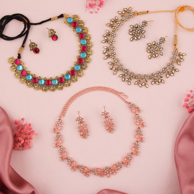 Divastri Brass Gold-plated Gold, White, Blue, Pink Jewellery Set(Pack of 3)
