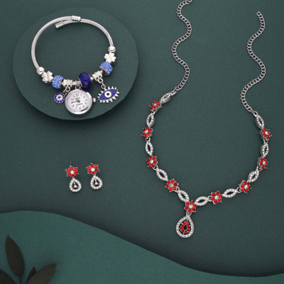 Vedda Brass Gold-plated Silver, White, Red Jewellery Set(Pack of 1)