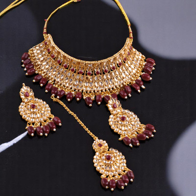 SS IMITATION JEWELLERY Alloy Gold-plated Maroon Jewellery Set(Pack of 3)