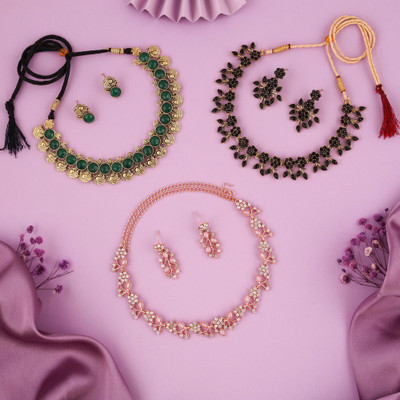 brado jewellery Brass Gold-plated Green, Pink, Black Jewellery Set(Pack of 3)