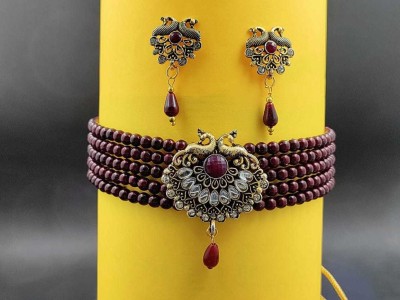 Niva Fashion Brass Gold-plated Maroon Jewellery Set(Pack of 1)