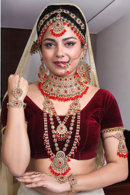 SS IMITATION JEWELLERY Alloy Gold-plated Red Jewellery Set(Pack of 7)