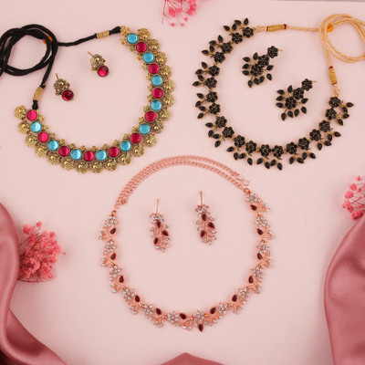 Divastri Brass Gold-plated Gold, White, Blue, Pink Jewellery Set(Pack of 3)