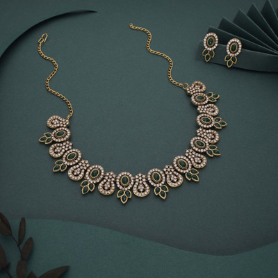 Alasca Brass Gold-plated Gold, White, Green Jewellery Set(Pack of 1)