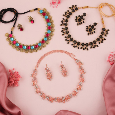 Divastri Brass Gold-plated Gold, White, Blue, Pink Jewellery Set(Pack of 3)