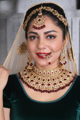 SS IMITATION JEWELLERY Alloy Gold-plated Maroon Jewellery Set(Pack of 4)