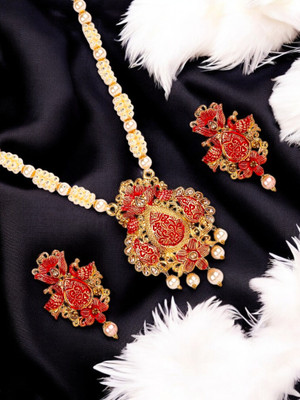 Anika's Creation Brass Gold-plated Red Jewellery Set(Pack of 1)