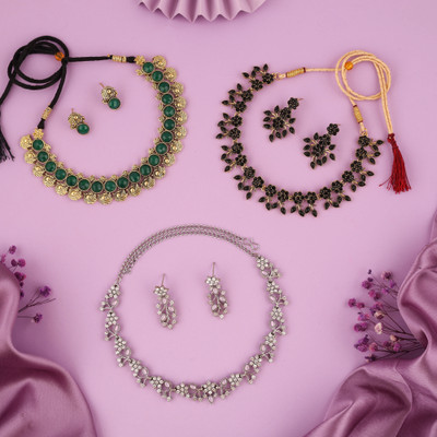 Divastri Brass Gold-plated Gold, White, Green Jewellery Set(Pack of 3)