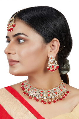 AK JEWEL STORES Alloy Gold-plated Red Jewellery Set(Pack of 4)