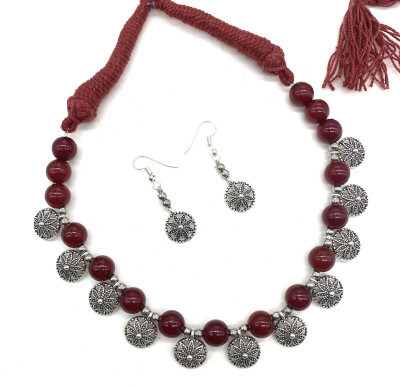 GEODE DELIGHT Oxidised Silver Maroon Jewellery Set(Pack of 3)