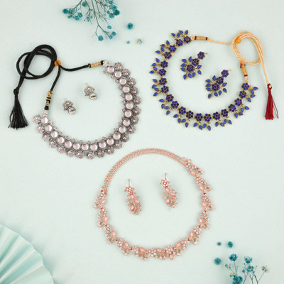 Vedda Brass Gold-plated Silver, White, Gold, Blue, Pink Jewellery Set(Pack of 3)