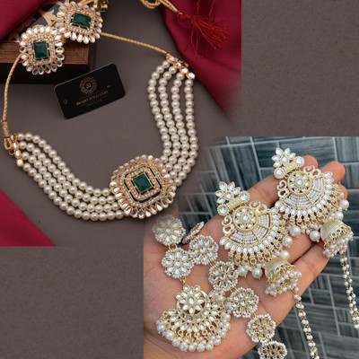 brado jewellery Brass Gold-plated Gold, White, Green Jewellery Set(Pack of 2)