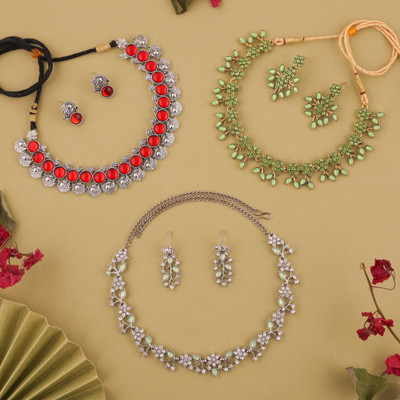 Vedda Brass Gold-plated Silver, Red, Green Jewellery Set(Pack of 3)