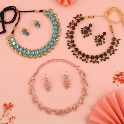 Vedda Brass Gold-plated Gold, Rose Gold, White, Pink, Blue, Green, Maroon Jewellery Set(Pack of 3)