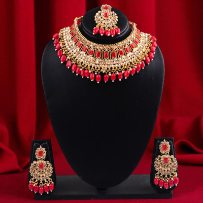 Tulsi Art Jewels Alloy Gold-plated Red Jewellery Set(Pack of 3)