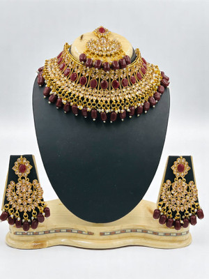 SS IMITATION JEWELLERY Alloy Gold-plated Maroon, Gold Jewellery Set(Pack of 3)