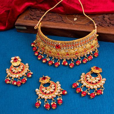 Shostopper by Sukkhi Brass Gold-plated Red Jewellery Set(Pack of 1)