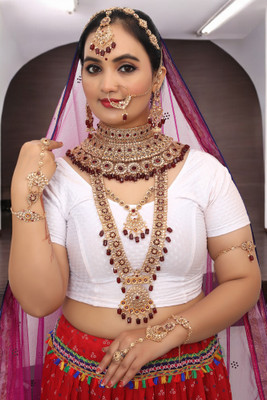 SS IMITATION JEWELLERY Alloy Gold-plated Maroon Jewellery Set(Pack of 7)