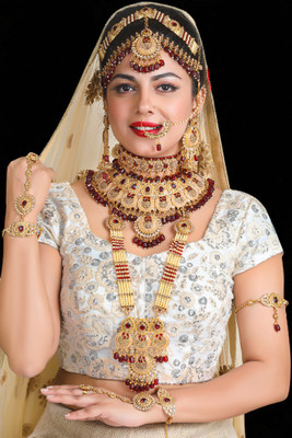 SS IMITATION JEWELLERY Alloy Gold-plated Maroon Jewellery Set(Pack of 7)