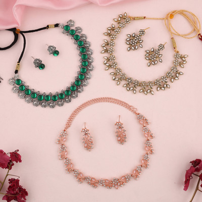 Divastri Brass Gold-plated Silver, White, Green Jewellery Set(Pack of 3)