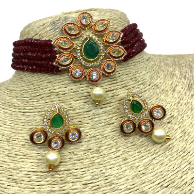 GEODE DELIGHT Brass Maroon Jewellery Set(Pack of 3)