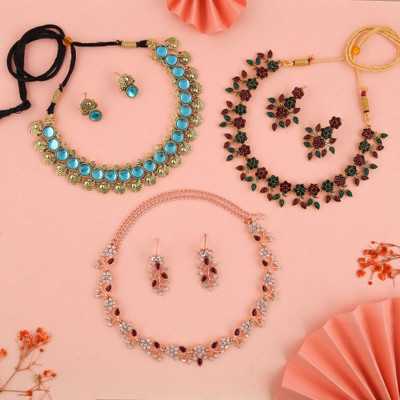 Vedda Brass Gold-plated Gold, Rose Gold, White, Maroon, Blue, Maroon, Green Jewellery Set(Pack of 3)