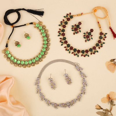 Vedda Brass Gold-plated Green, Pink, Red Jewellery Set(Pack of 3)