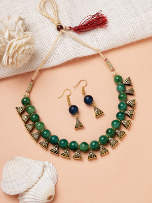 Anika's Creation Brass Gold-plated Green Jewellery Set(Pack of 3)