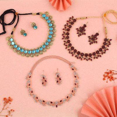 Vedda Brass Gold-plated Gold, Rose Gold, Black, Maroon, Blue Jewellery Set(Pack of 3)