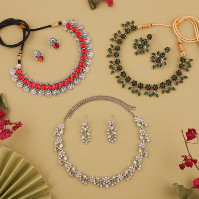 Vedda Brass Gold-plated Silver, Red, Green, Gold Jewellery Set(Pack of 3)