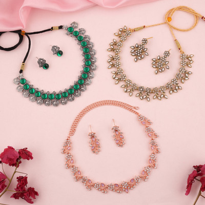 Divastri Brass Gold-plated Silver, White, Green Jewellery Set(Pack of 3)