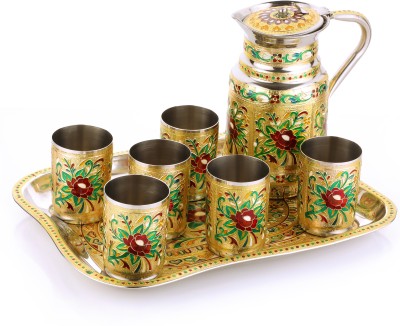 NAVRANG Lemon Set Steel Meenakari Steel Tray Serving Tray Set Jug Glass Tray Set(Stainless Steel)