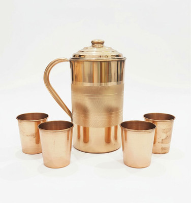 TambaVeda Pure Copper Water Jug Set with 4 Glass Health Benefit Drinkware | 1500 ml Jug Glass Set(Copper)