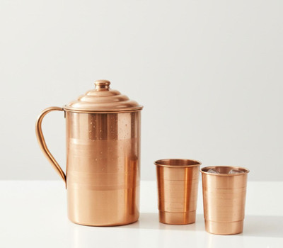 TambaVeda Pure Copper Water Jug Set with 2 Glass Health Benefit Drinkware 1500 ml Jug Glass Set(Copper)