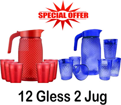 X PODS 14 PS Plastic Water Jug Gless Serving Combo(2 jug 12 gless) for Drinking ice Tea, Juice, Cocktail Jug Glass Set(plastic)