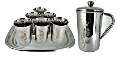 Rishabh Gold Lemon Set 8Pc Lz Jug Glass Tray Set(Stainless Steel)