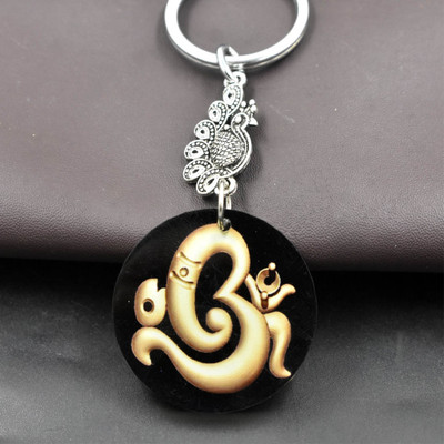 Abhiora Fashion Lord Om Ganesh Peacock Charm Black Religious Keychain for Men and Women Key Chain