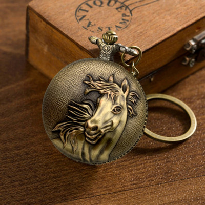 GT Gala Time Horse Face Theme Pocket Watch Vintage Antique Metallic Gift Key Chain Key Chain