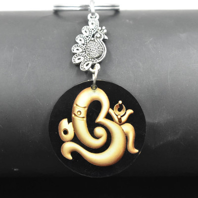 AFH Lord Om Ganesh Peacock Charm Black Religious Keychain for Men and Women Key Chain