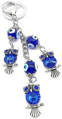 Lenity Blue Silver Evil Eye with Three Lucky Owl Keychain For Bike/Car Gifting Key Ring Key Chain