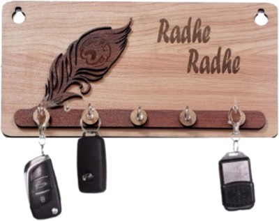 MYC National Radhe Radhe with peacock feather wooden key stand Wood Key Holder(5 Hooks, Brown)