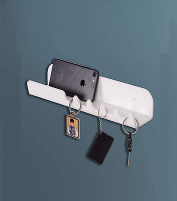 Spacekeeper Premium Shelf with Key Holder/5 Hook Key Stand (White, 12inch) Acrylic Key Holder(5 Hooks, White)