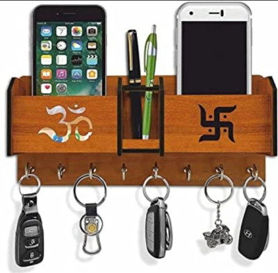 Radheyen Om Swastik Home Decor / Key Holder / Mobile Stand (Brown, 2 Box) RADHEYEN Wood Key Holder(7 Hooks, Brown)