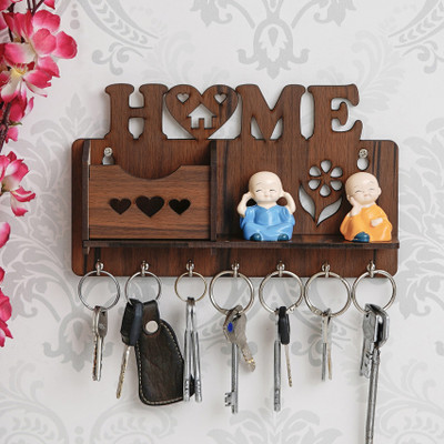 Gajkarna Creations Key Holder For Wall Home Design Mobile Phone Stand With Side Shelf Wood Key Holder(7 Hooks, Brown)